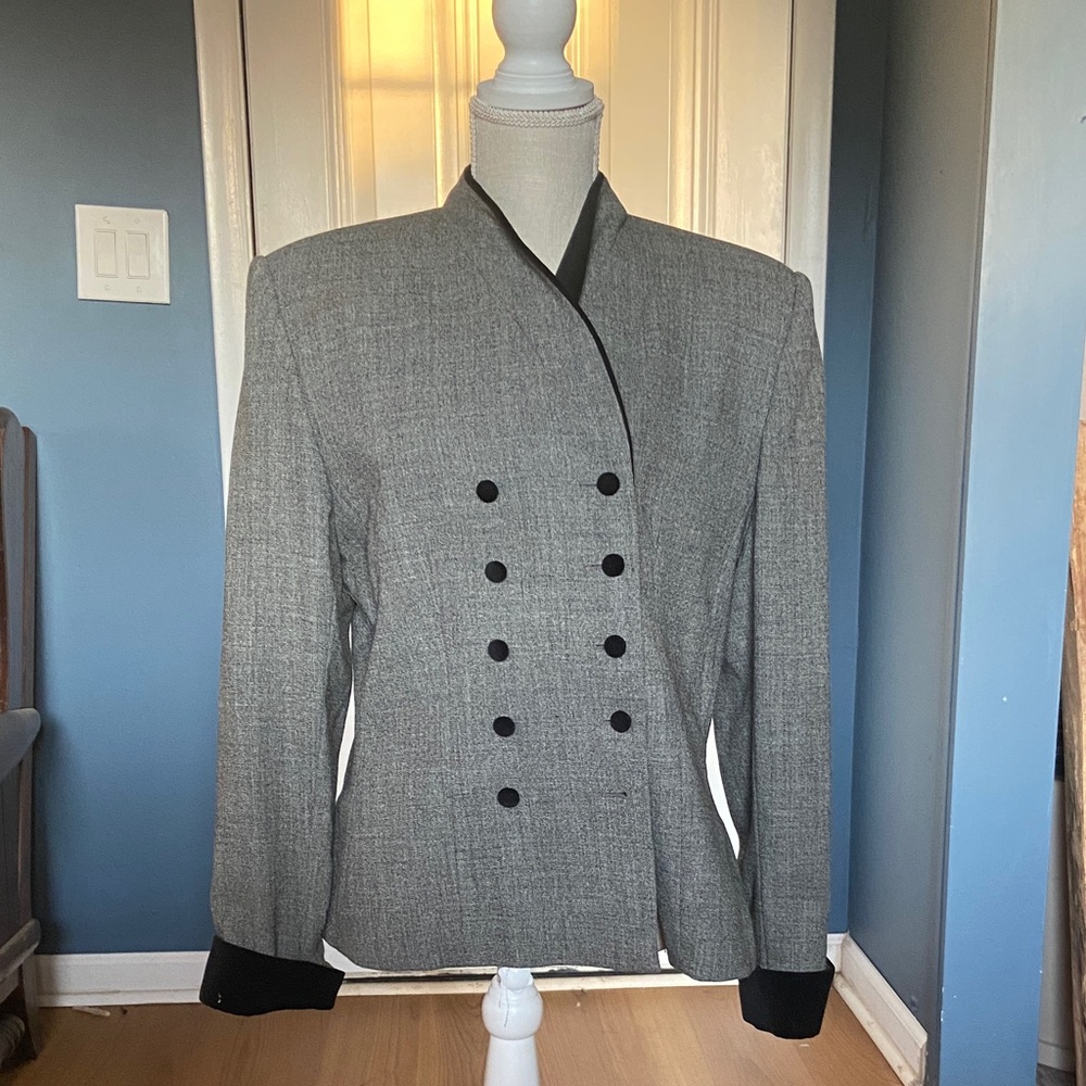 Women’s Double-Breasted Grey Wool Jacket with Black Trim